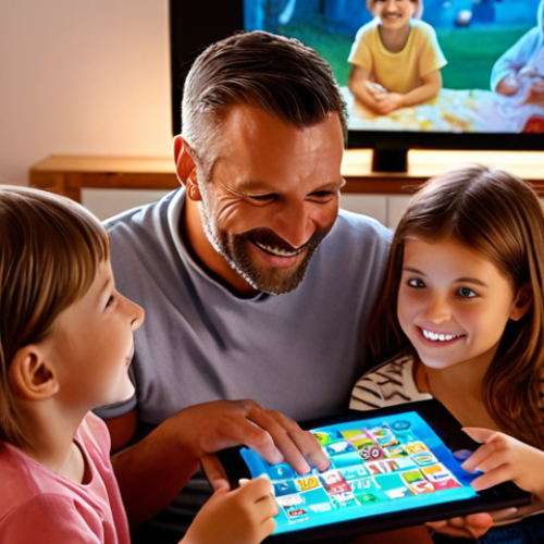 Home 7 A heartwarming scene of an Italian family (parents and young children) in a cozy living room, gathered on a sofa and happily watching captivating family-friendly digital content on a large screen or tablet. The children's faces are lit up with genuine smiles and wonder, reflecting the enchantment of the stories and games. Emphasize the authentic, shared moments and the strong emotional connection fostered by the content, bathed in warm, inviting light.