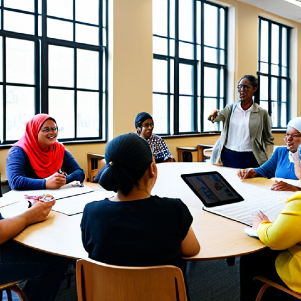 A diverse group of individuals, including men and women of various ages, actively participating in a community workshop, led by a compassionate and engaged woman. They are all fully clothed in modest, comfortable, and appropriate attire, gathered around tables with educational materials and digital tablets, signifying collaborative learning and bridge-building. The setting is a bright, modern community center with large windows and a welcoming atmosphere. Perfect anatomy, correct proportions, natural poses, well-formed hands, proper finger count, natural body proportions. Professional photography, high quality, safe for work, appropriate content, family-friendly.