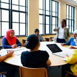 A diverse group of individuals, including men and women of various ages, actively participating in a community workshop, led by a compassionate and engaged woman. They are all fully clothed in modest, comfortable, and appropriate attire, gathered around tables with educational materials and digital tablets, signifying collaborative learning and bridge-building. The setting is a bright, modern community center with large windows and a welcoming atmosphere. Perfect anatomy, correct proportions, natural poses, well-formed hands, proper finger count, natural body proportions. Professional photography, high quality, safe for work, appropriate content, family-friendly.