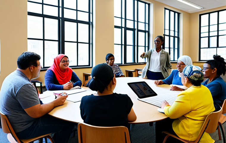 A diverse group of individuals, including men and women of various ages, actively participating in a community workshop, led by a compassionate and engaged woman. They are all fully clothed in modest, comfortable, and appropriate attire, gathered around tables with educational materials and digital tablets, signifying collaborative learning and bridge-building. The setting is a bright, modern community center with large windows and a welcoming atmosphere. Perfect anatomy, correct proportions, natural poses, well-formed hands, proper finger count, natural body proportions. Professional photography, high quality, safe for work, appropriate content, family-friendly.
