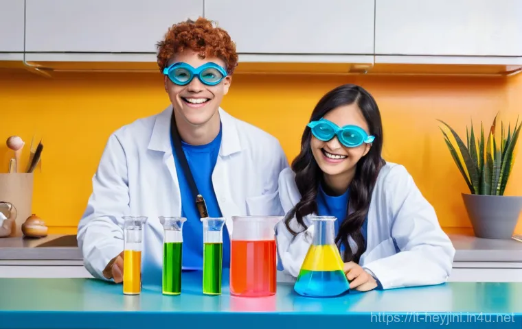 헤이지니의 유명 에피소드 - **Prompt 1: Luì and Sofì's Vibrant Chemistry Experiment**
"A cheerful and energetic scene featur...