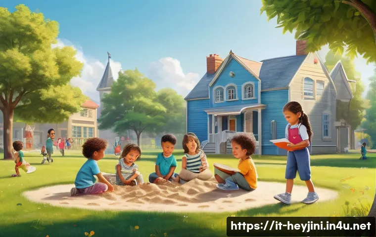 헤이지니의 어린이 유튜브 세계 - **Prompt:** "A brightly colored cartoon illustration of a group of kindergarten children playing in ...