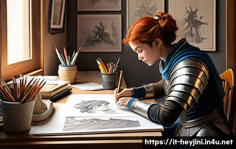 헤이지니 팬아트 트렌드 - **Prompt 1: Italian Fan Artist's Studio**
"A cozy, sunlit artist's studio in Italy, featuring a ...