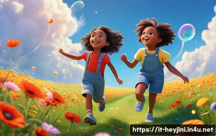 헤이지니 콘텐츠의 해외 진출 - **Prompt:** A vibrant and joyful scene featuring three diverse children, aged 5-7, playing together ...