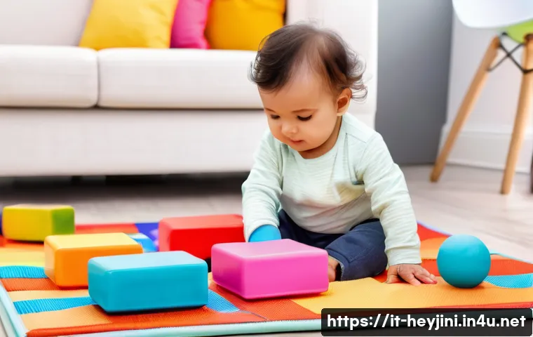 헤이지니와 어린이 연령별 콘텐츠 - A bright and colorful scene featuring a toddler aged 0-3 years wearing a diaper, playing with variou...