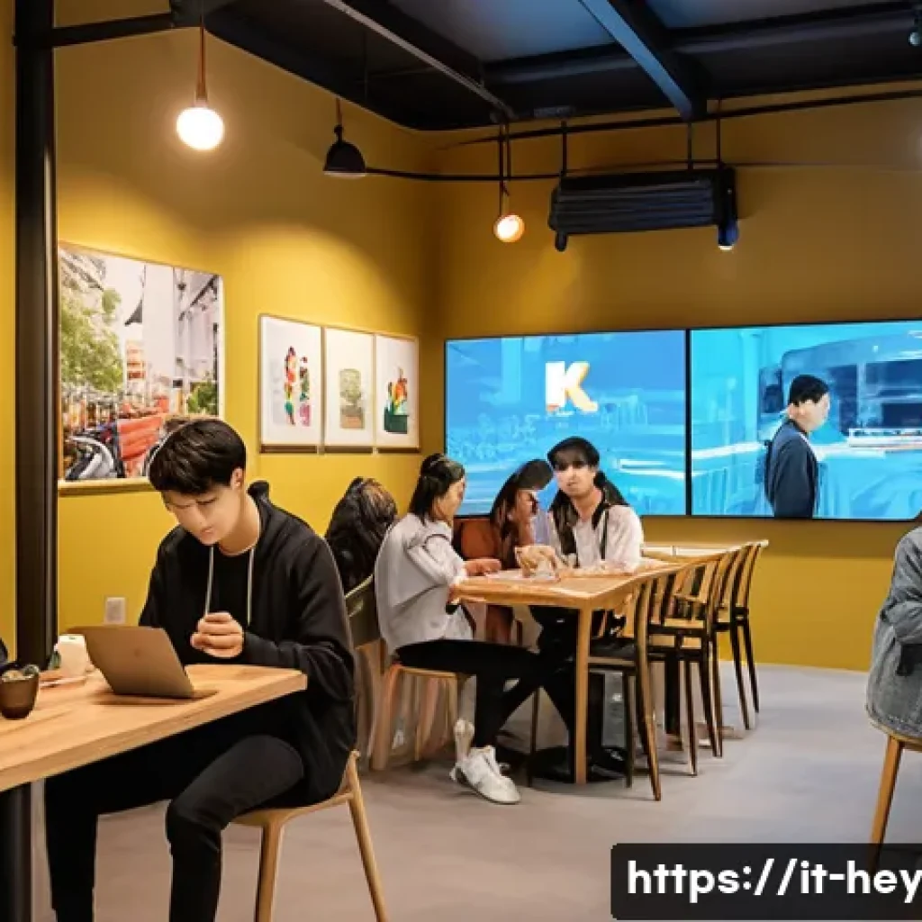 헤이지니의 공식 애플리케이션 - A vibrant digital fan community scene set in a modern Italian caf&eacute;, filled with diverse young adults...