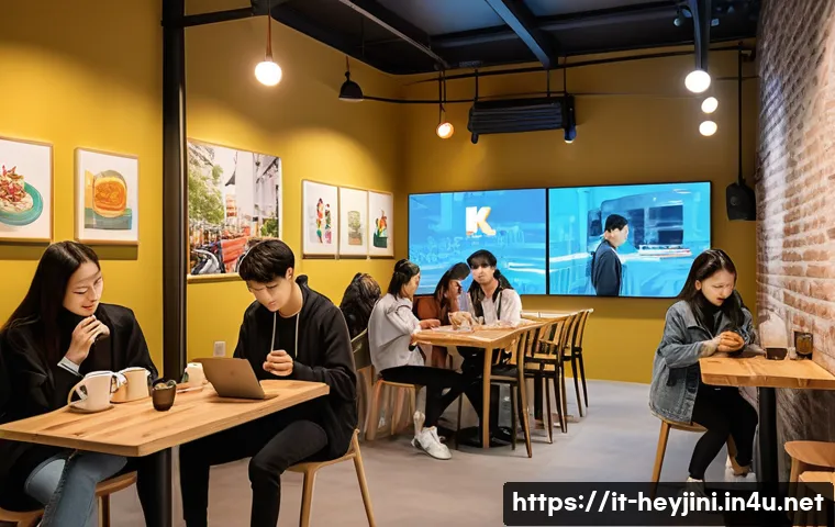 헤이지니의 공식 애플리케이션 - A vibrant digital fan community scene set in a modern Italian caf&eacute;, filled with diverse young adults...