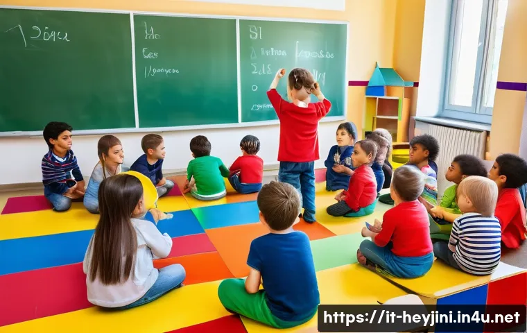 헤이지니와 어린이 리더십 교육 - A bright and colorful classroom scene in Italy with a diverse group of children aged around 5-7 year...