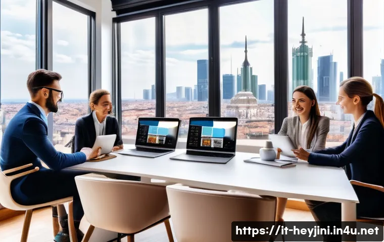 헤이지니 콘텐츠 유통 플랫폼 - A vibrant digital marketing workspace showcasing a diverse team of Italian professionals collaborati...