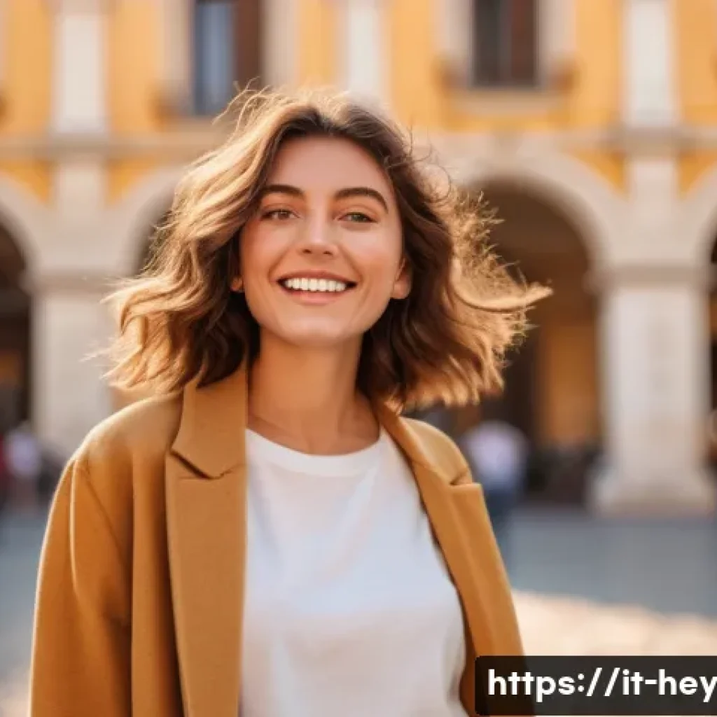 헤이지니의 성격적 특징 - A vibrant portrait of a young Italian female influencer smiling genuinely with warm, expressive eyes...