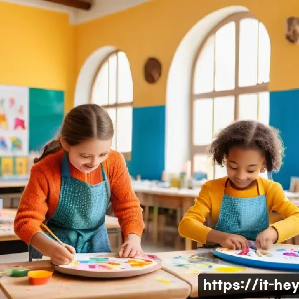 헤이지니 관련 키즈 문화 이벤트 - A vibrant scene of a children’s creative workshop in a sunny Italian community center, featuring kid...