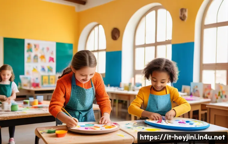 헤이지니 관련 키즈 문화 이벤트 - A vibrant scene of a children&rsquo;s creative workshop in a sunny Italian community center, featuring kid...
