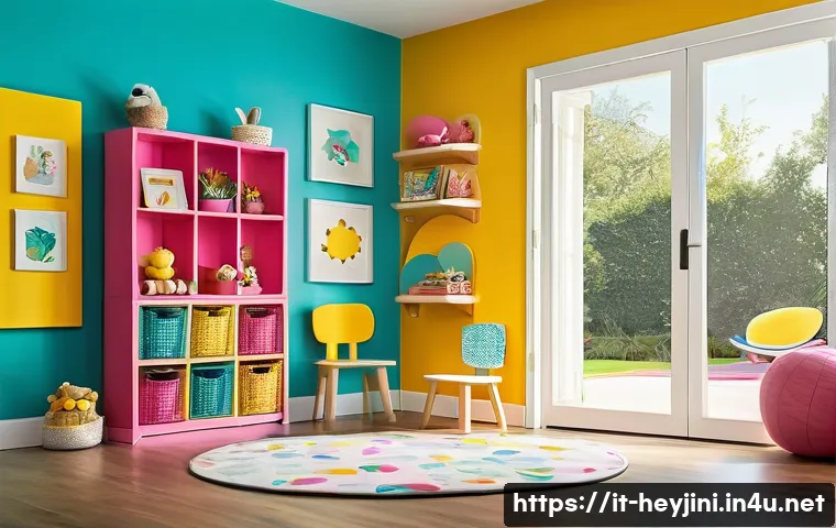 헤이지니 굿즈 디자인 특징 - A vibrant and cheerful children&rsquo;s playroom scene featuring Hey Jini products with bright color palet...