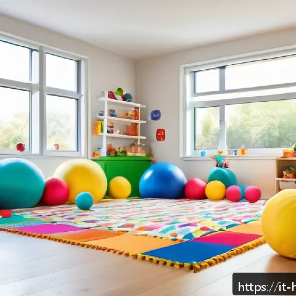 헤이지니 콘텐츠와 신체 활동 - A bright and cheerful indoor playroom designed for young children, filled with colorful cushions, so...