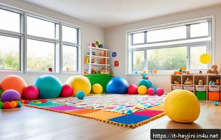 헤이지니 콘텐츠와 신체 활동 - A bright and cheerful indoor playroom designed for young children, filled with colorful cushions, so...