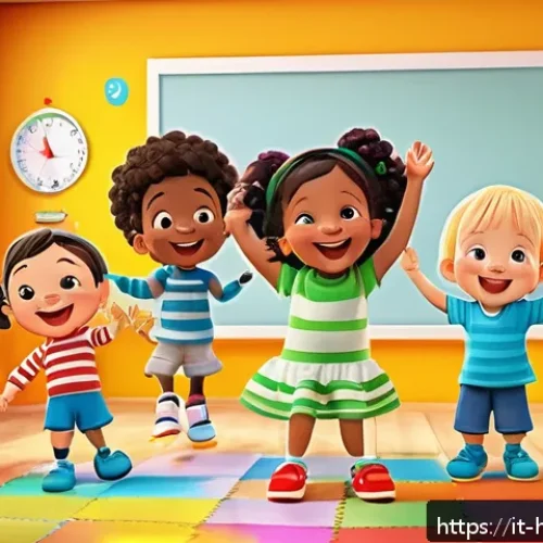 Home 32 헤이지니의 주요 시청 연령층 - A vibrant and colorful preschool classroom scene inspired by Hey Jini, featuring diverse, friendly a...