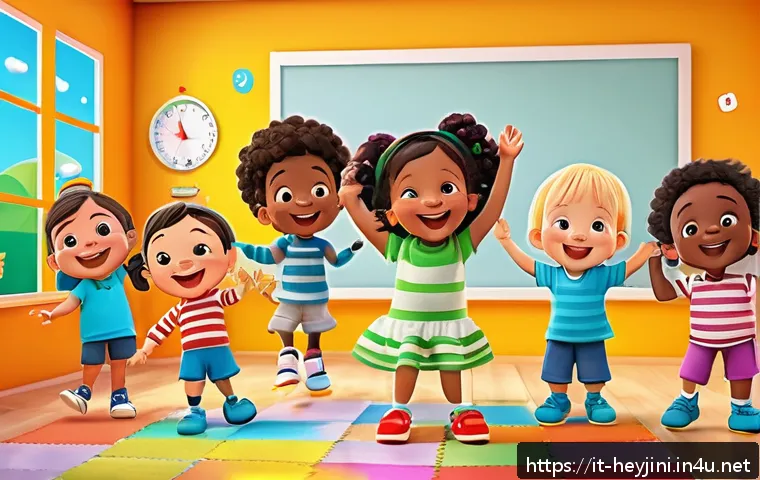 헤이지니의 주요 시청 연령층 - A vibrant and colorful preschool classroom scene inspired by Hey Jini, featuring diverse, friendly a...