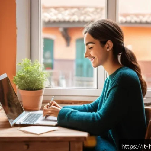 Home 17 헤이지니의 유명 어록과 인용문 - A serene and inspiring workspace scene showing a young Italian woman in casual but modest clothing s...