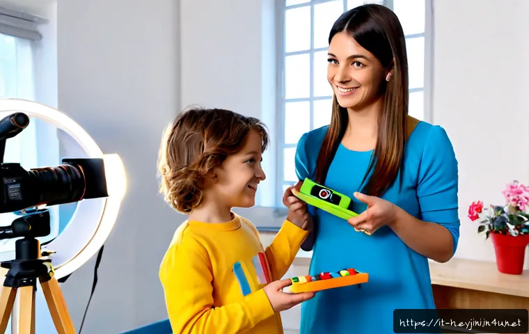Home 17 헤이지니와 키즈 방송의 발전 - Photorealistic modern Italian children’s video studio, friendly female presenter in colorful modest ...